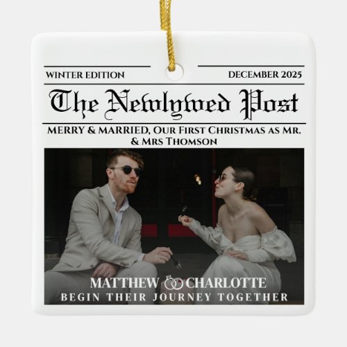 Newspaper Merry and Married Holiday Newlywed Photo Ceramic Ornament