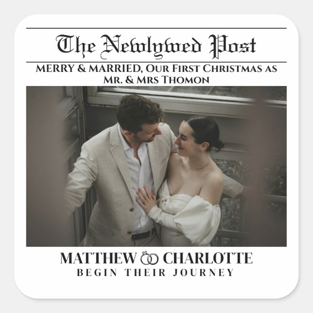 Newspaper Merry and Married Photo Square Sticker (Front)