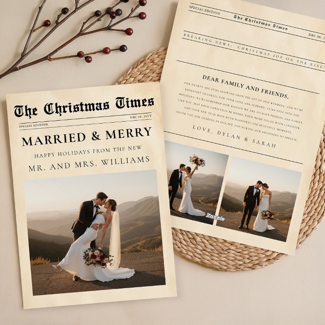Newspaper Merry & Married Newlywed Photo Christmas Holiday Card (Creator Uploaded)