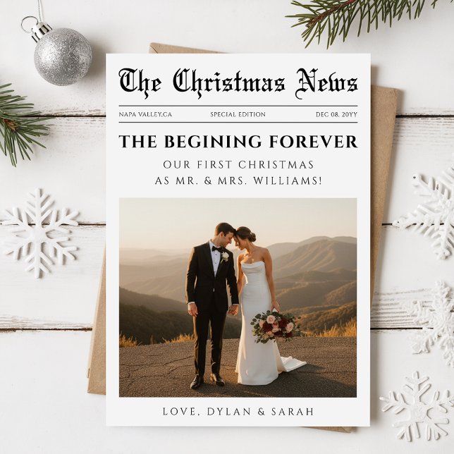 Newspaper Modern Newlywed Wedding Photo Christmas Holiday Card (Creator Uploaded)