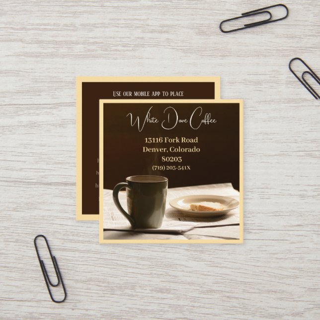  Newspaper,  Mug & Bread Cafe Barista Coffee Square Business Card (Front/Back In Situ)