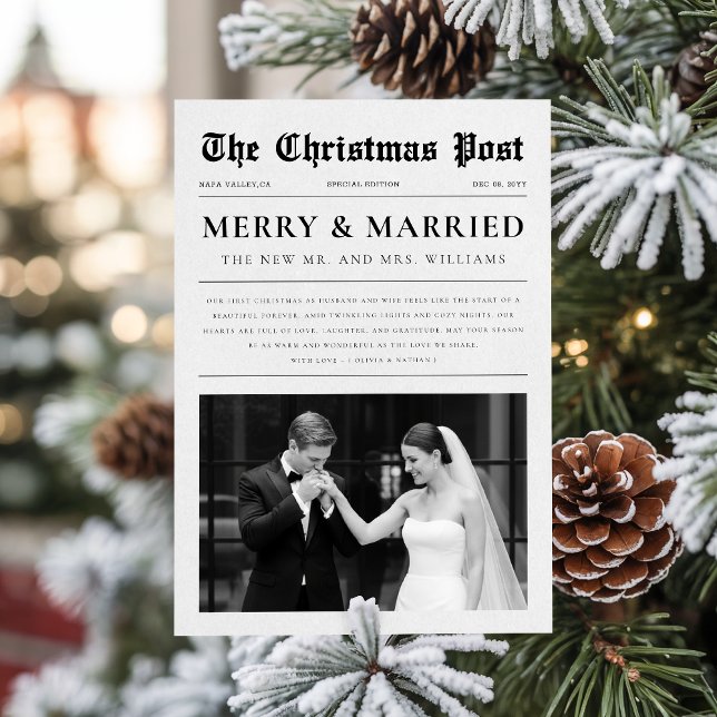 Newspaper Newlywed Black & White Photo Christmas Holiday Card (Creator Uploaded)
