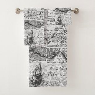 Newspaper Ocean Map Black White Vintage Bath Towel Set