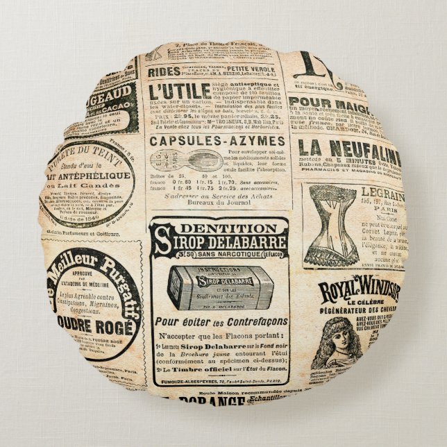 Newspaper page with advertisement - Vintage engrav Round Pillow (Front)