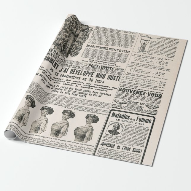 Newspaper page with antique advertisement wrapping paper (Unrolled)