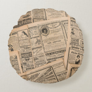 Newspaper pages with antique advertising. Vintage  Round Pillow