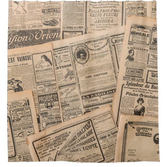 Newspaper pages with antique advertising. Vintage  Shower Curtain (Front)