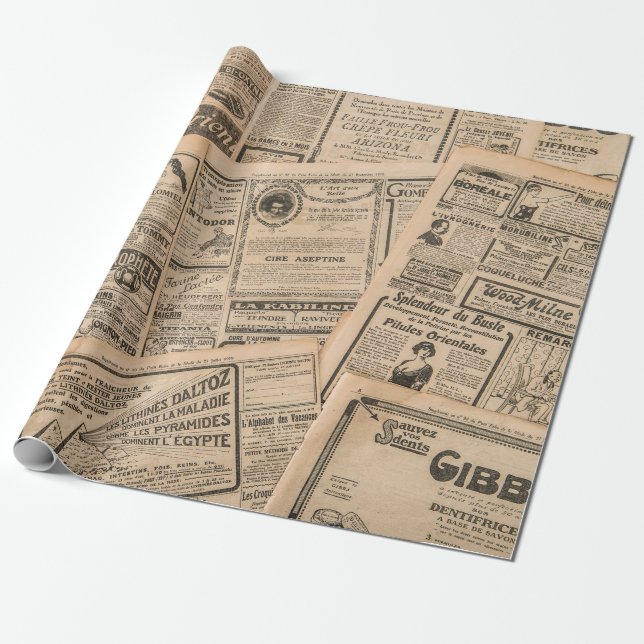 Newspaper pages with antique advertising. Vintage  Wrapping Paper (Unrolled)