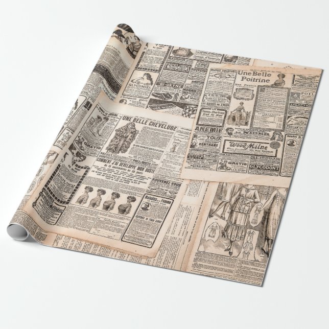 Newspaper pages with antique advertising. Woman's  Wrapping Paper (Unrolled)