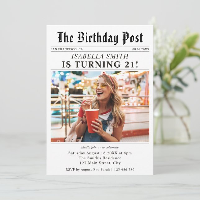 Newspaper Photo 21st Birthday Invitation (Standing Front)