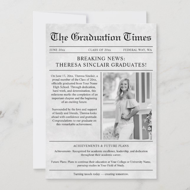 Newspaper Photo Graduation Announcement (Front)