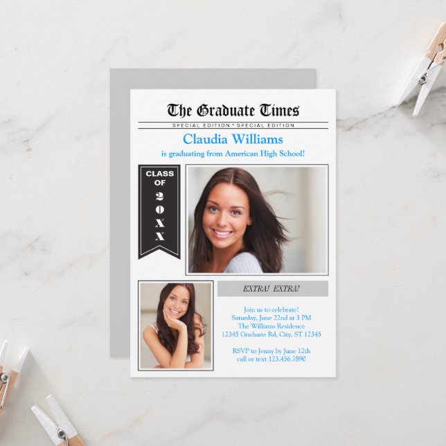 Newspaper Photo Graduation Invitation (Front/Back In Situ)