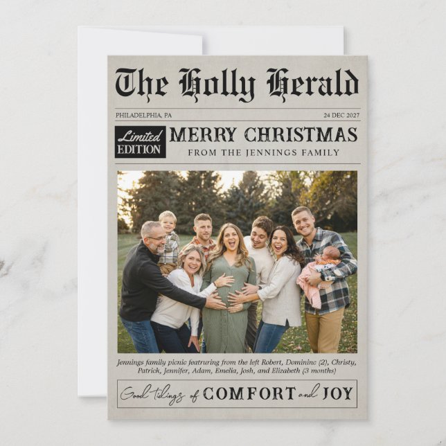 Newspaper Photo Modern Christmas Flat Holiday Card (Front)