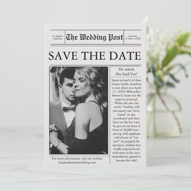 Newspaper Photo Save the Date Wedding  Invitation (Standing Front)