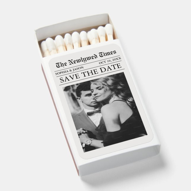 Newspaper Photo Save the Date Wedding Matchboxes (Front Open)