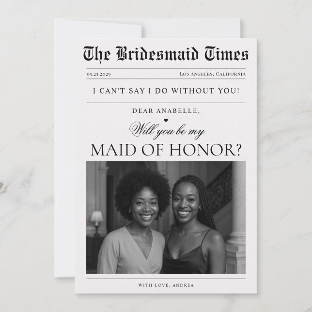 Newspaper Photo Unique Maid of Honor Proposal Invitation (Front)