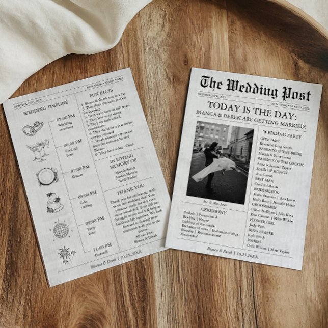 Newspaper Photo Wedding Program Timeline (Newspaper Wedding Invitation with Timeline, Wedding Party)