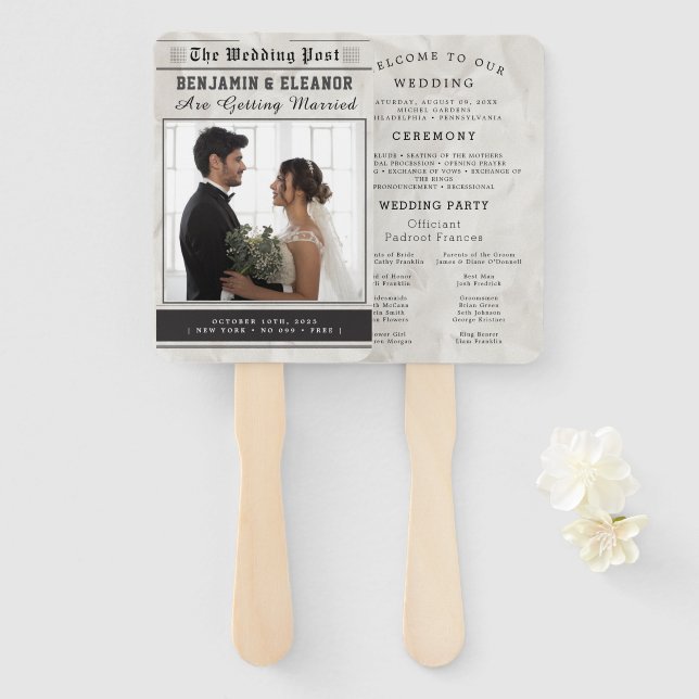 Newspaper Photo Wedding Program Timeline Hand Fan (Front and Back)