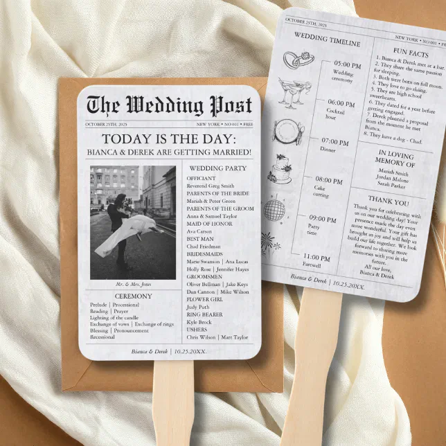 newspaper-photo-wedding-program-timeline-hand-fan-zazzle