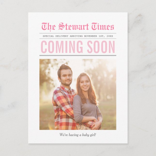 Newspaper | Pregnancy Announcement | Pink Postcard (Front)