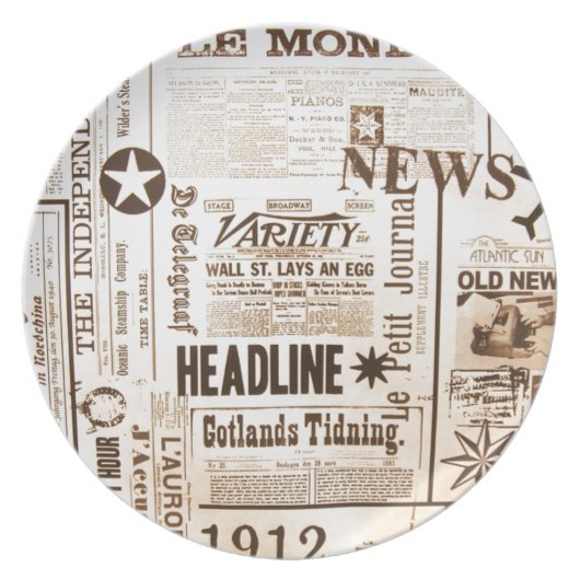Newspaper Print Design Dinner Plate (Front)