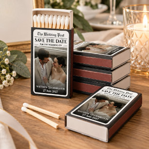 Newspaper Save the Date Photo Overlay Wedding Matchboxes
