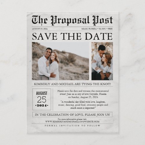 Newspaper Save the Date Two Photos Postcard