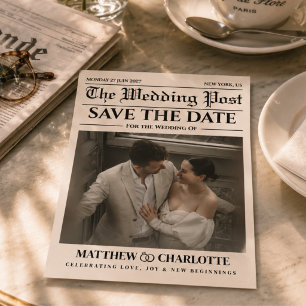 Newspaper Save the Date Wedding Beige Card