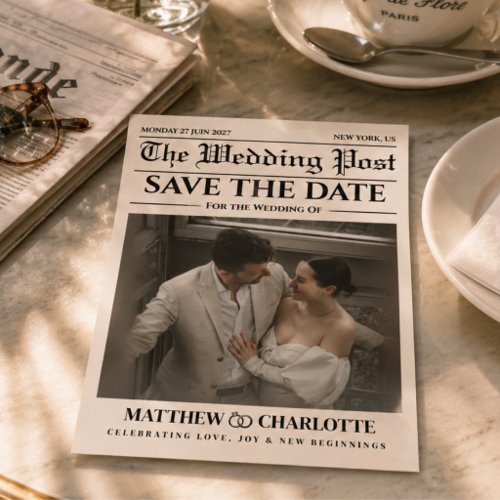 Newspaper Save the Date Wedding Beige Card