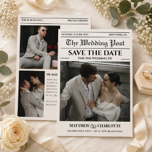 Newspaper Save the Date Wedding Beige Card