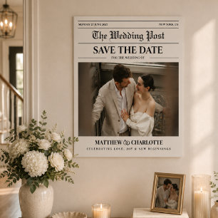 Newspaper Save the Date Wedding Beige Card Poster
