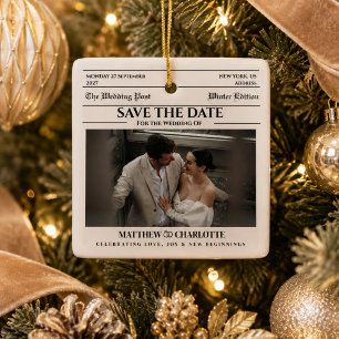 Newspaper Save the Date Wedding Beige Ceramic Ornament
