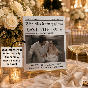 Newspaper Save the Date Wedding Black white Card