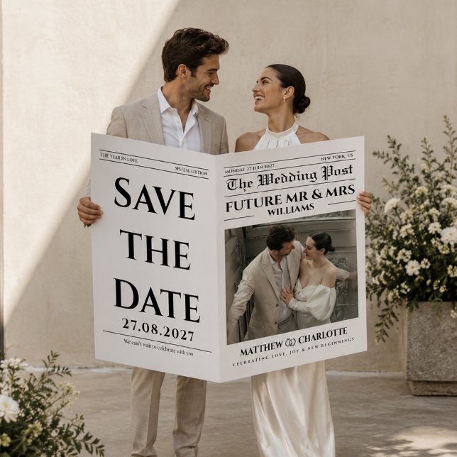 Newspaper Save the Date Wedding Card (Newspaper Wedding Save The Date unique black and white modern couple vintage retro elegante )