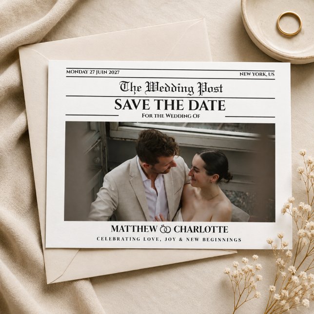 Newspaper Save the Date Wedding Invite (newspaper save the date unique vintage retro modern elegant fun black and white typography Ring name)
