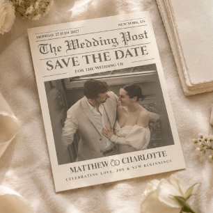 Newspaper Save the Date Wedding Warm Ivory Card