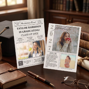 Newspaper Style Black White Class of 2027 Senior Invitation