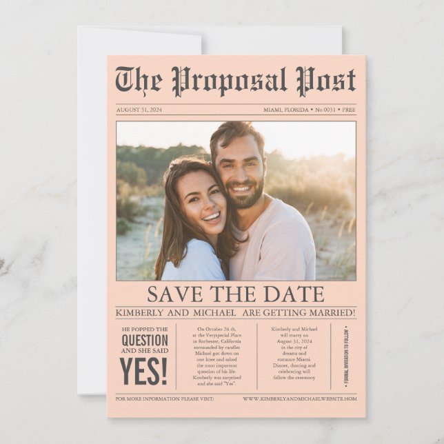 Newspaper Style Blush Peach Save the Date Photo (Front)