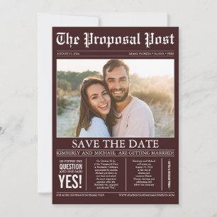 Newspaper Style Burgundy Red Save the Date Photo