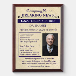 Newspaper Style Doctor Retirement Card   Custom Award Plaque