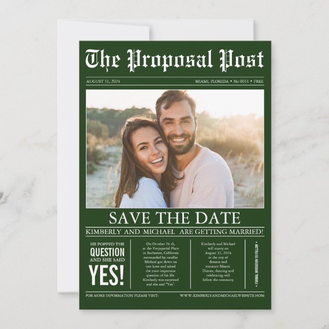 Newspaper Style Emerald Green Save the Date Photo (Front)