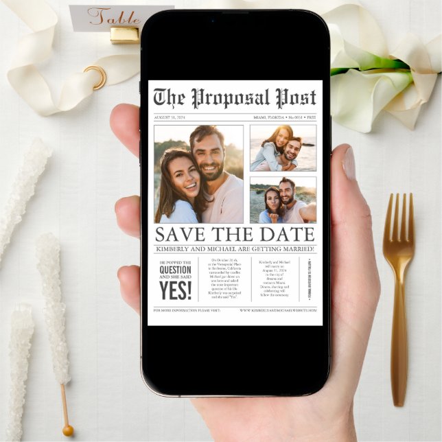 Newspaper Style Fun 3 Photos Save the Date (Front Digital)