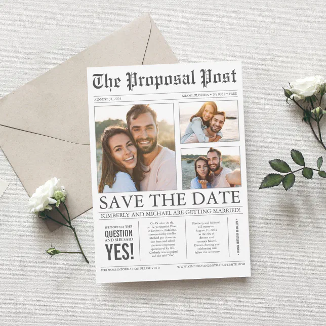 Newspaper Style Fun 3 Photos Save the Date | Zazzle