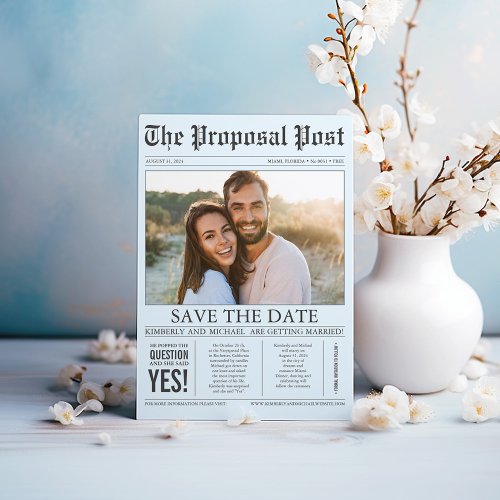 Newspaper Style Fun Dusty Blue Save the Date Photo