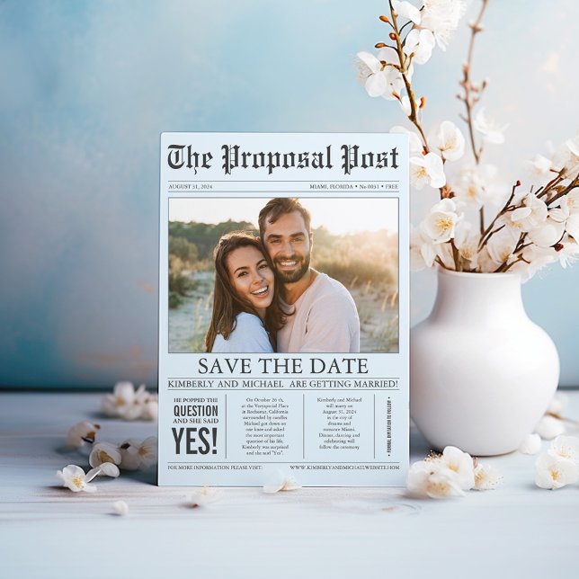 Newspaper Style Fun Dusty Blue Save the Date Photo (Dusty blue cute save the date cards in a newsletter style - The Proposal Post )