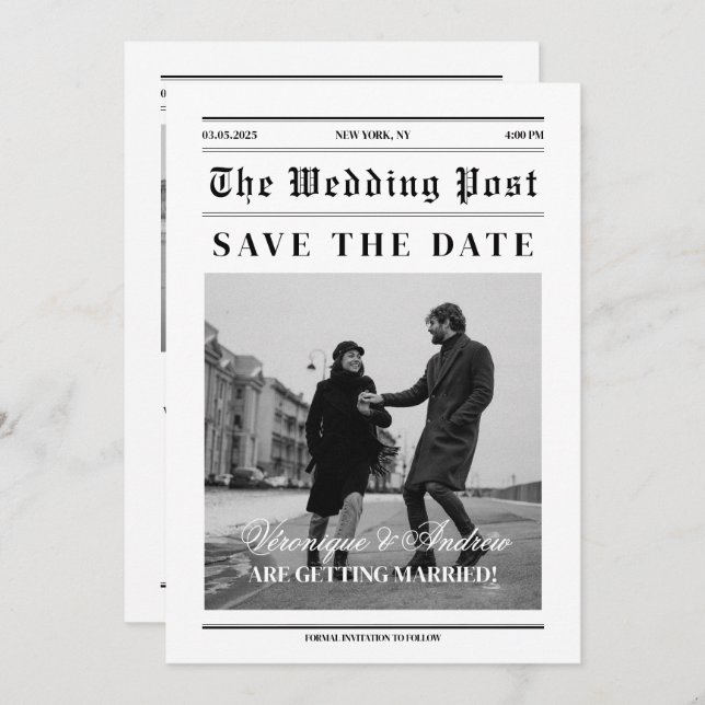 Newspaper Style Fun Save the Date Photo Invitation (Front/Back)