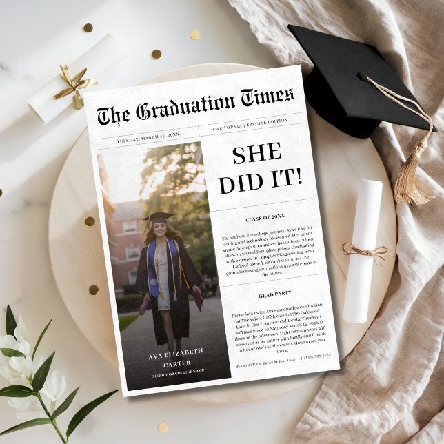 Newspaper Style He or She Did It Graduation Photo Invitation (Creator Uploaded)