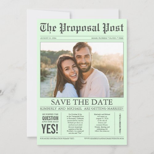Newspaper Style Mint Green Save the Date Photo