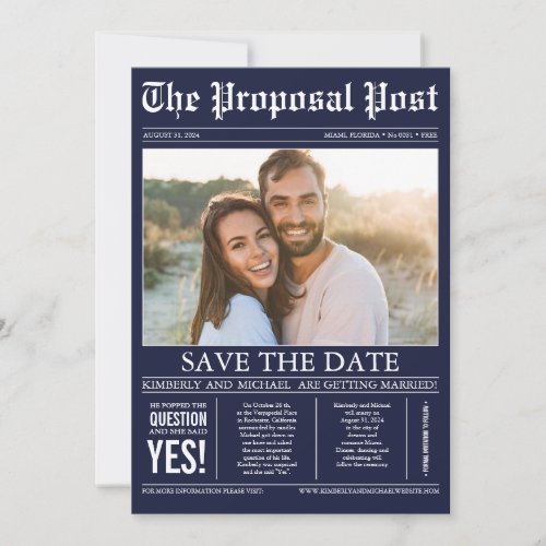 Newspaper Style Navy Blue Save the Date Photo