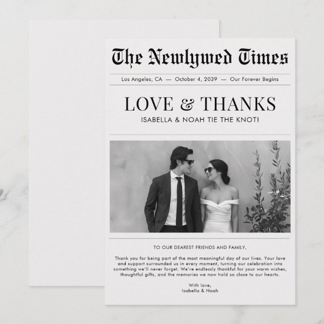 Newspaper Style Newlywed Wedding Thank You Card (Front/Back)